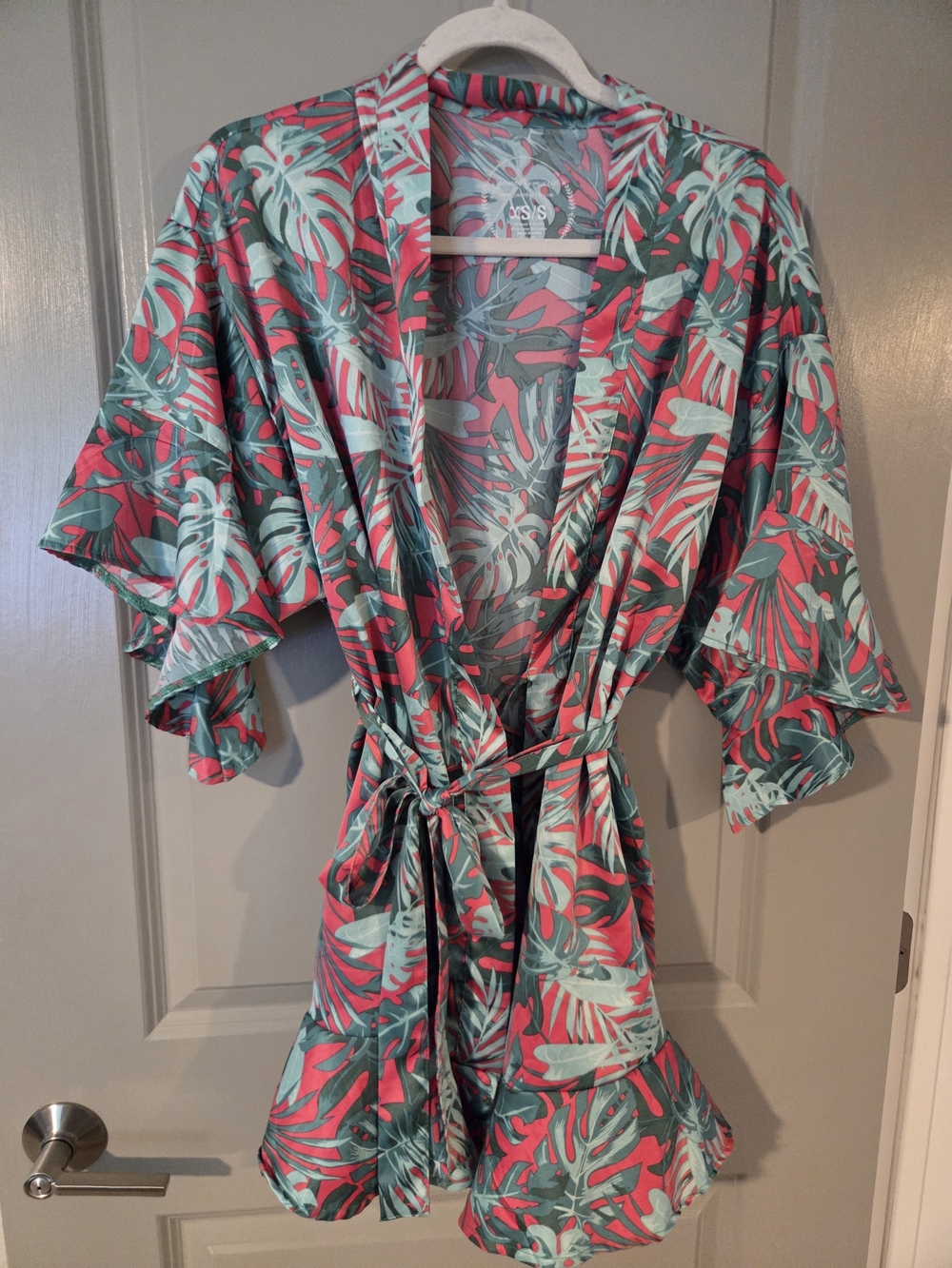 Anne Marie Pink & Teal Tropical Leaf Kimono Robe